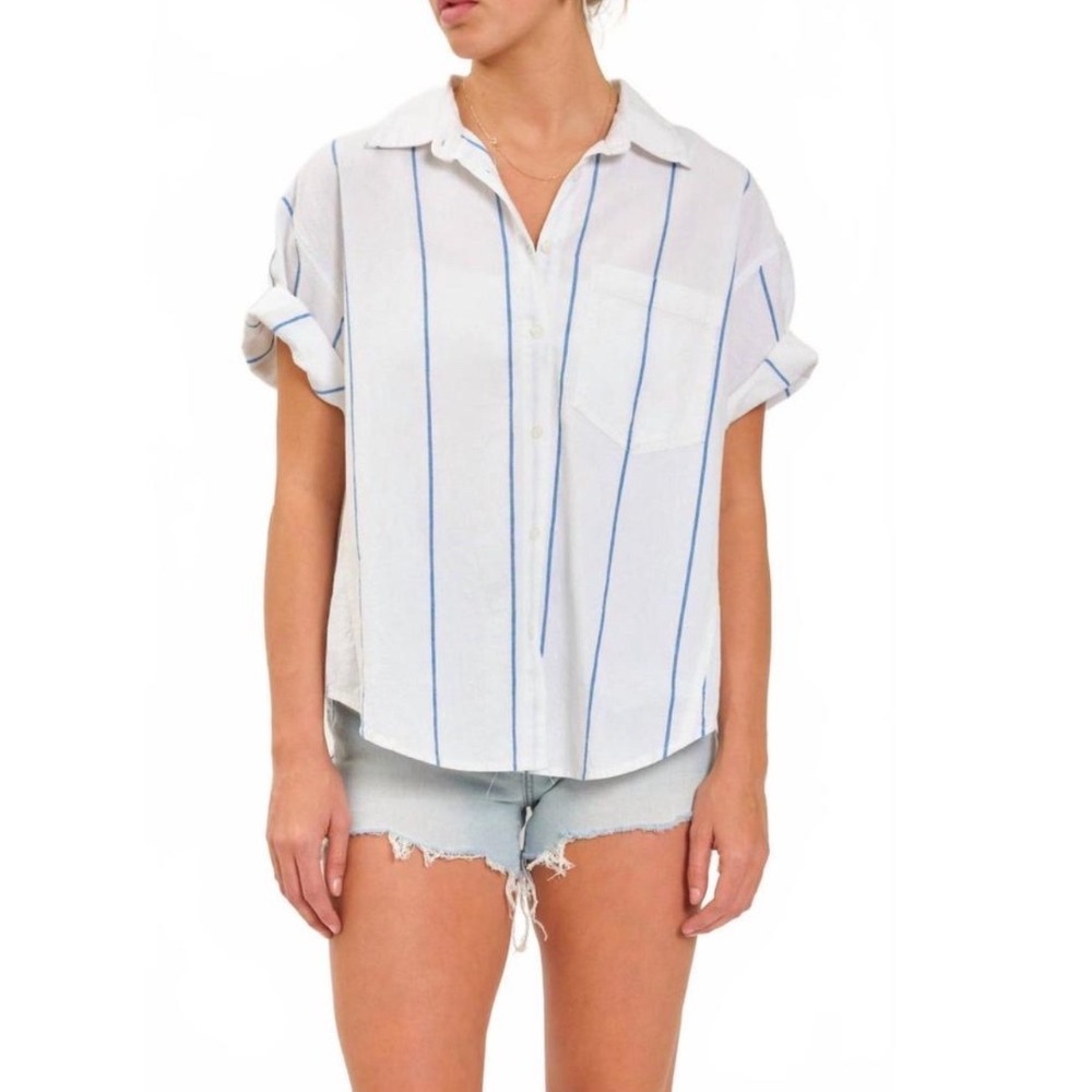 NWT DAZE Women White Blue Striped Short Sleeve Button Up Shirt Size S - Picture 2 of 9